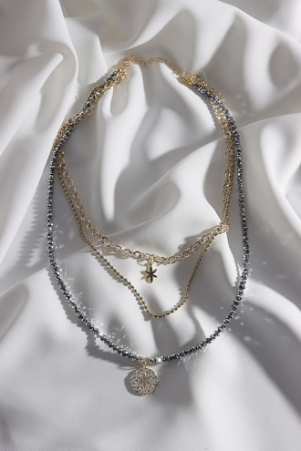 Gri Kristal Taşlı 3'Lü Gold Renk Kolye