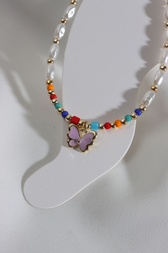 Renkli Boncuk Detaylı Mor Mineli Kelebek Uçlu İnci Halhal