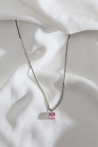 Pembe Büyük Tek Taşlı Gümüş Renk Kolye
