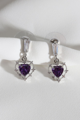 Mor Kalp Taşlı Gümüş Renk Küpe Mor Kalp Taşlı Gümüş Renk Küpe