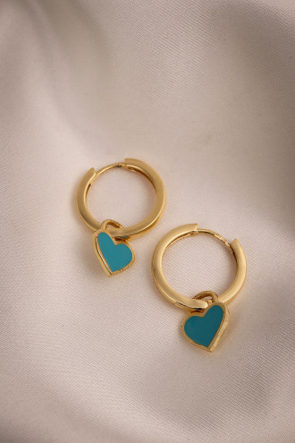 Mavi Mineli Kalp Charm Gold Renk Halka Küpe