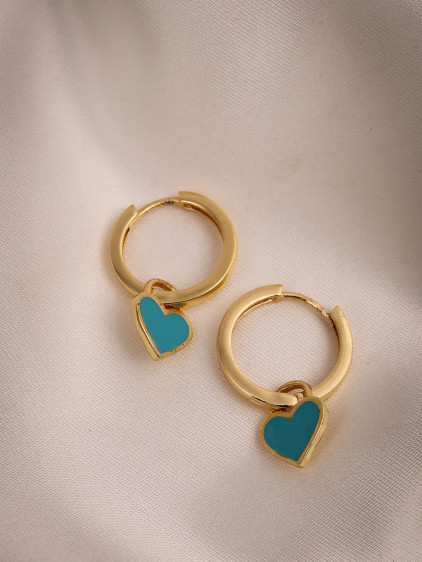 Mavi Mineli Kalp Charm Gold Renk Halka Küpe