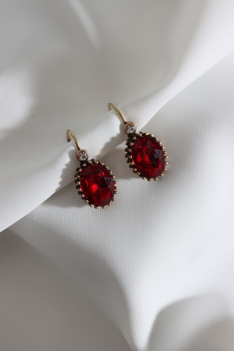 Büyük Boy Kırmızı Taşlı Oval Otantik Küpe