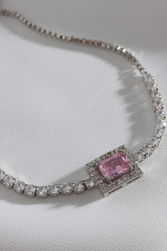 Pembe Baget Taşlı Gümüş Renk Asansörlü Zircon Su Yolu Bileklik