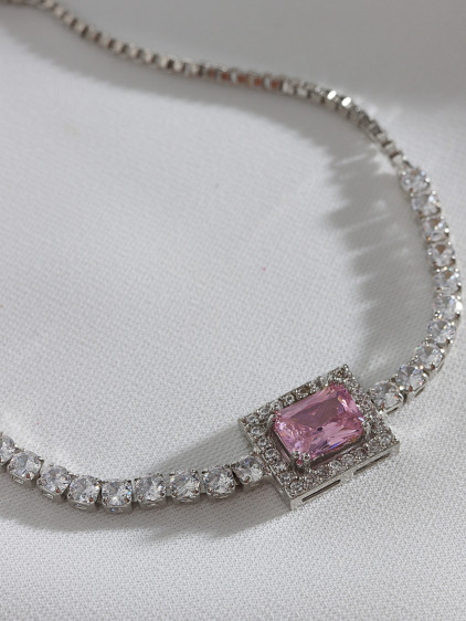 Pembe Baget Taşlı Gümüş Renk Asansörlü Zircon Su Yolu Bileklik
