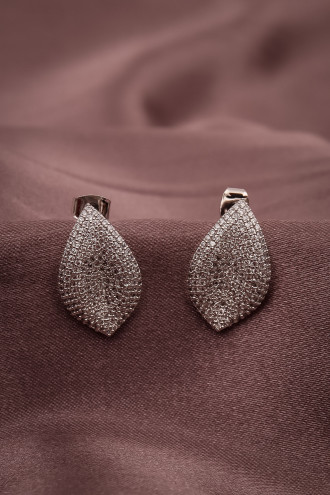 Zircon Taşlı Gümüş Renk Yaprak Abiye Küpe