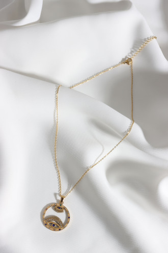 Renkli Taşlı Yuvarlak Göz Figürlü Gold Renk Çelik Kolye Renkli Taşlı Yuvarlak Göz Figürlü Gold Renk Çelik Kolye