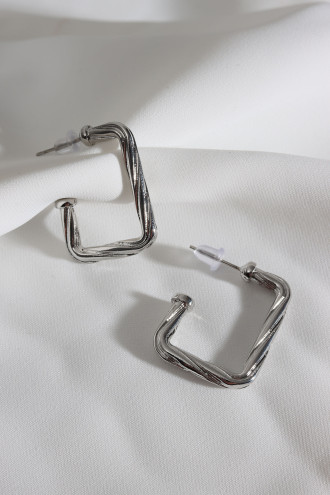 Vintage Kare Gümüş Renk Halka Küpe