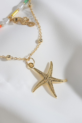 2'Li Renkli Boncuklu Deniz Yıldızı Gold Renk Kolye