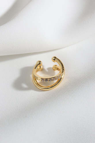 Iki Sıralı Çapraz Taşlı Tek Sıkıştırmalı Gold Renk Kıkırdak Küpe