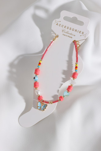 Kelebek Uçlu Kırmızı Boncuklu Fimo Detay Halhal