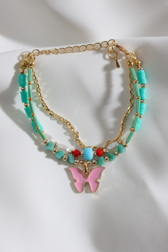 3'Lü Kelebek Uçlu Fimo Boncuk Detaylı Yeşil Bileklik