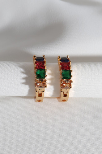 Renkli Kare Taşlı Küçük Boy Zircon Gold Renk Küpe