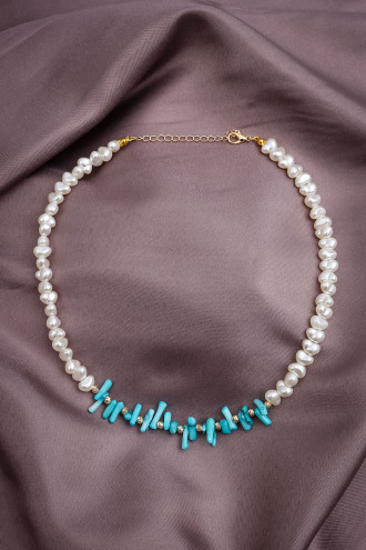 Mavi Doğal Taşlı Inci Kolye