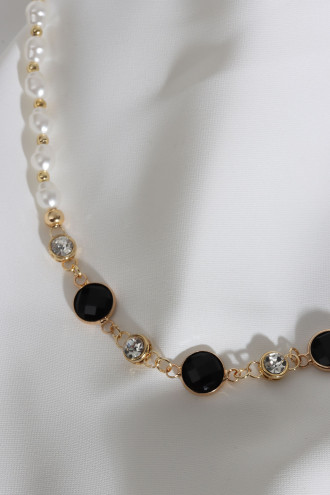 Siyah Yuvarlak Taşlı İnci Kolye