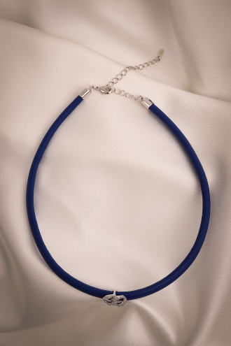 Mavi Yumuşak Deri Gümüş Renk Zircon Taşlı Choker