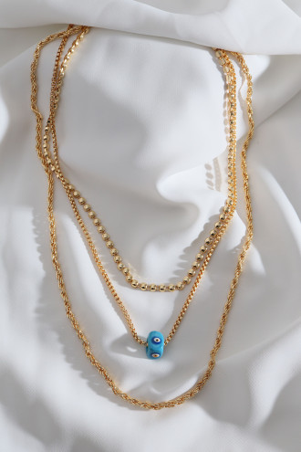 3'Lü Nazar Taşlı Gold Renk Zincir Kolye