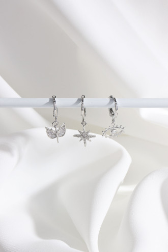 Vip Collectıon 3'Lü Zircon Taşlı Gümüş Renk Halka Küpe