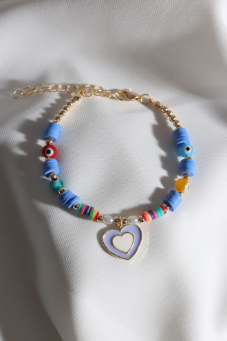 Mavi Fimo Boncuklu Lila Mineli Kalp Bileklik