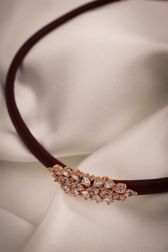 Bordo Yumuşak Deri Rose Renk Zircon Taşlı Choker