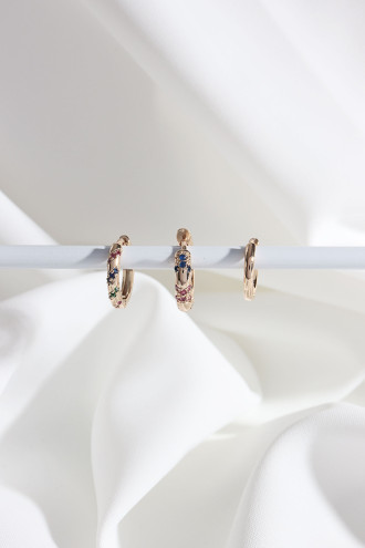 Vip Collectıon 3'Lü Renkli Taşlı Gold Renk Halka Küpe