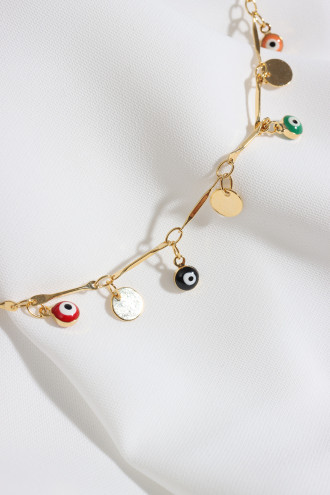 Pul Sallantılı Inci Detay Nazarlıklı Gold Renk Kolye