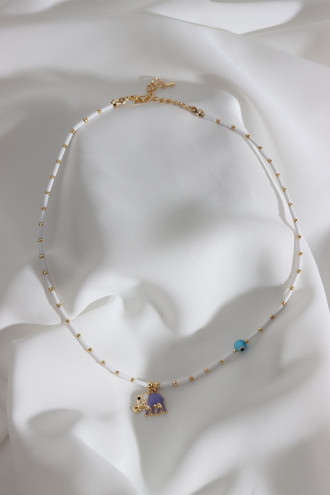 Mor Mineli Fil Uçlu Beyaz Boncuk Kolye