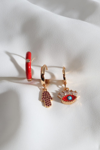 3'Lü Göz Figür Kırmızı Mineli Gold Renk Küpe