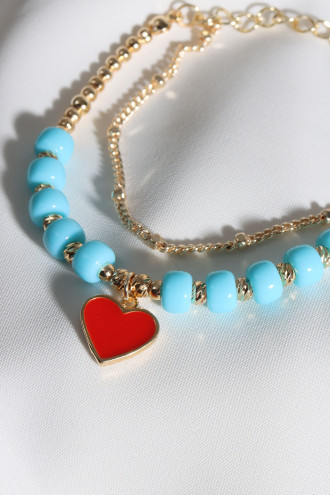 Mavi Boncuklu Kırmızı Mineli Kalp Uçlu Bileklik