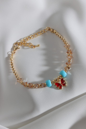 Bal Rengi Kristal Taşlı Kırmızı Mineli Kelebek Bileklik