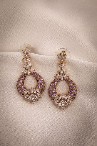 Gold Renk Mor Zircon Taşlı Sallantılı Abiye Küpe