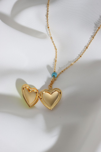Koyu Yeşil Mineli Kalp Kapaklı Çift Taraflı Kullanıma Uygun Gold Renk Kolye