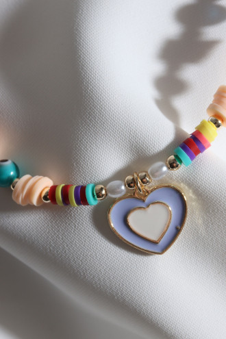 Krem Fimo Boncuklu Lila Mineli Kalp Bileklik