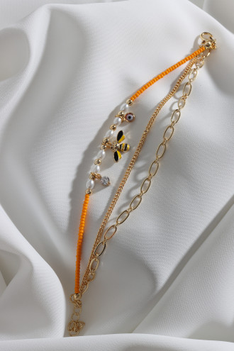 3'Lü Turuncu Boncuklu Arı Figür Gold Renk Zincir Bileklik