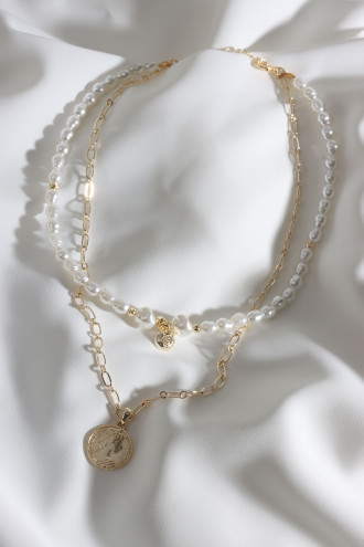 İncili 2'Li Gold Renk Madalyon Uçlu Kolye