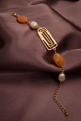 Inci Detaylı Doğal Taş Gold Renk Bileklik