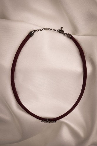 Bordo Yumuşak Deri Antrasit Renk Zircon Taşlı Choker