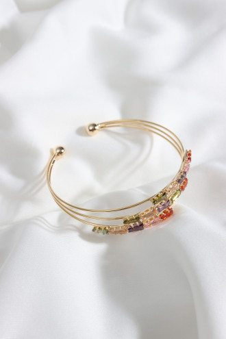 3 Sıralı Baget Taşlı Gold Renk Renk Taşlı Kelepçe Bileklik