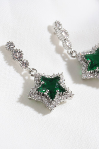 Yeşil Taşlı Sallantılı Gümüş Renk Yıldız Küpe