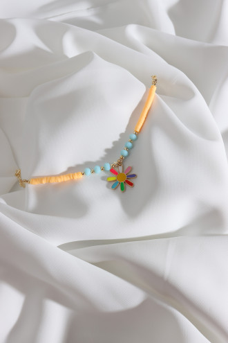 Turuncu Fimo Boncuklu Renkli Mineli Papatya Bileklik