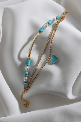 3'Lü Mavi Fimo Boncuklu Şerit Kalp Bileklik