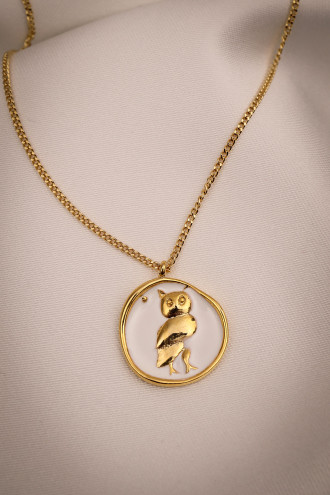 Beyaz Mineli Baykuş Figürlü Gold Renk Kolye