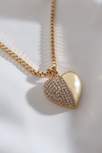 Yarı Taşlı Kalp Şekil Gold Renk Kolye