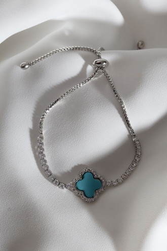 Mavi Mineli Yonca Asansörlü Gümüş Renk Bileklik