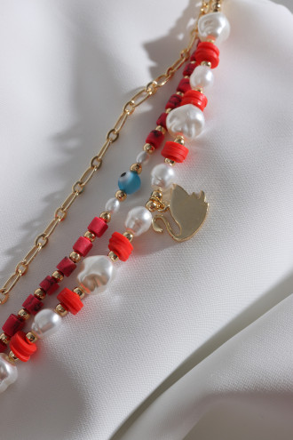 3'Lü Gold Renk Kırmızı Boncuklu Inci Detay Kuğu Bileklik