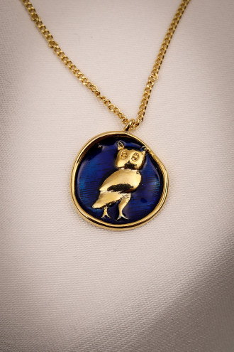 Lacivert Mineli Baykuş Figürlü Gold Renk Kolye