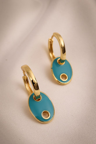 Düğme Model Mavi Mineli Gold Renk Halka Küpe