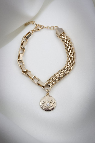 Gold Renk Taşlı Plaka Sallantılı Bileklik