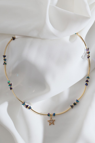 Yıldız Uçlu Mor Boncuk Boru Detay Gold Renk Kolye
