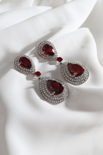 Kırmızı Taşlı Sallantılı Gümüş Renk Abiye Küpe